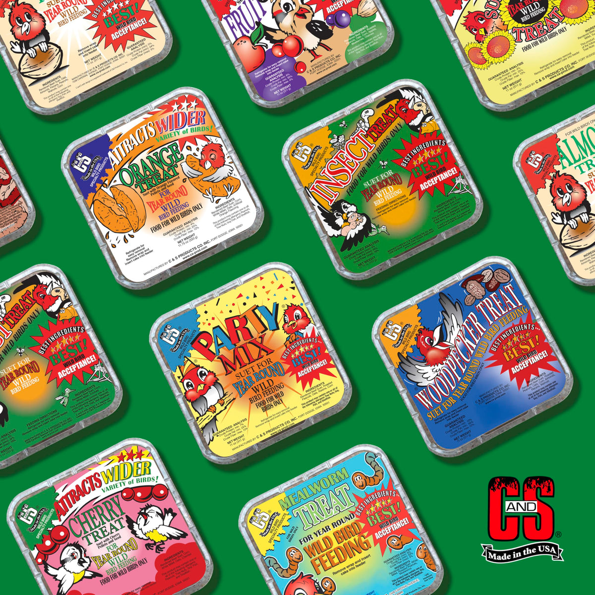Variety of flavors for C&S Insect Suet Treat including peanut and berry