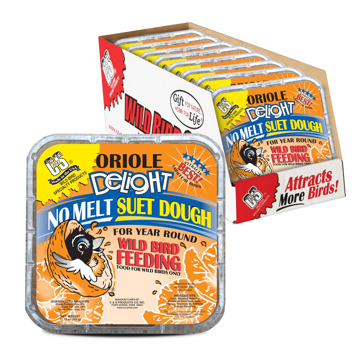 C&S Oriole Delight no melt suet dough front packaging boosts year-round backyard feeding