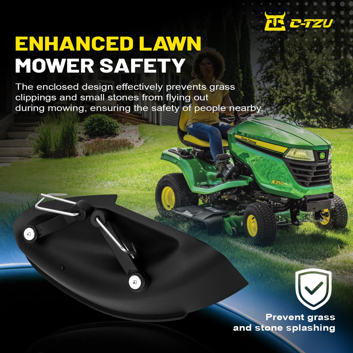 C-Tzu GY20417 mulch cover installed on a John Deere deck.