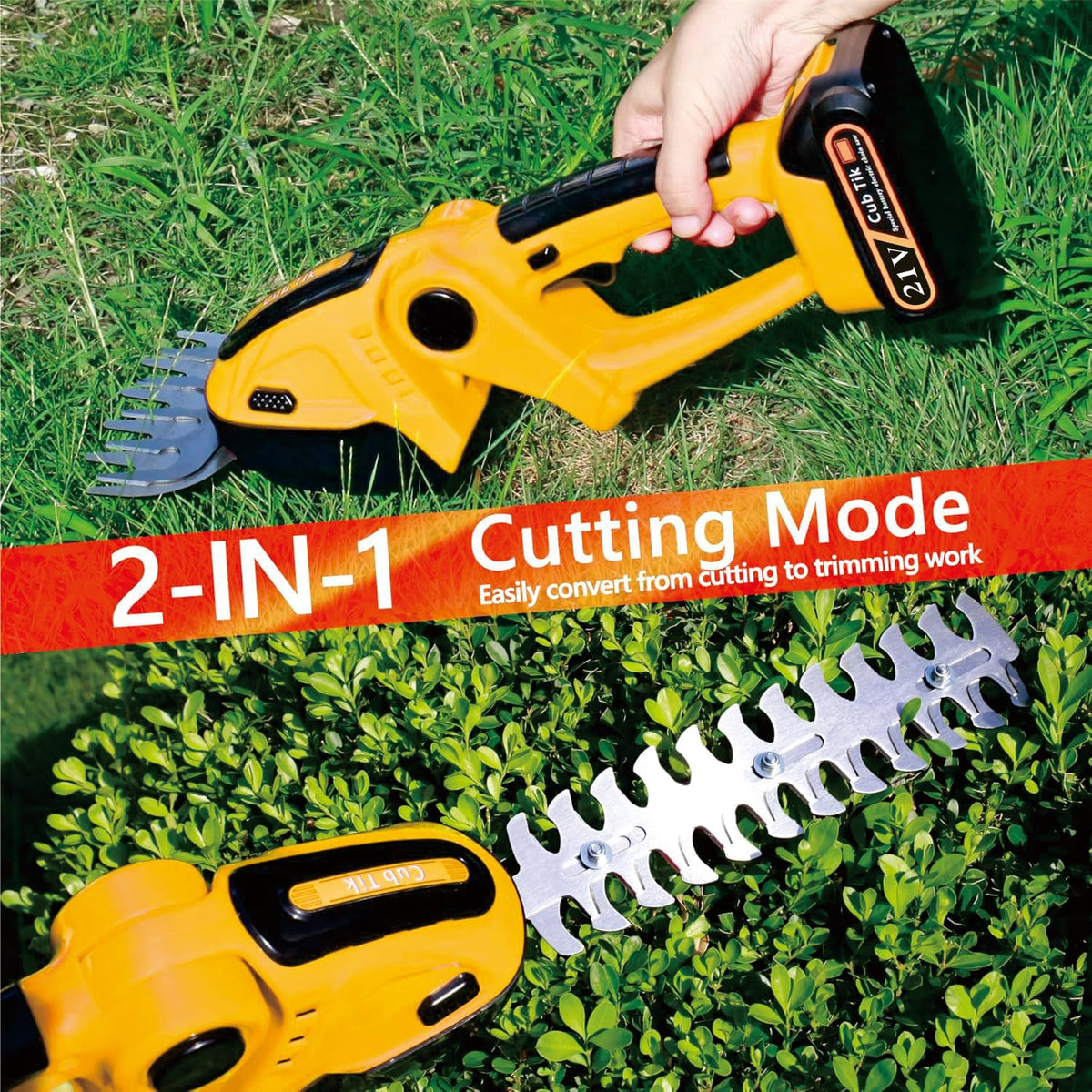 Cub Tik cordless hedge trimmer with yellow handle for easy yard work.