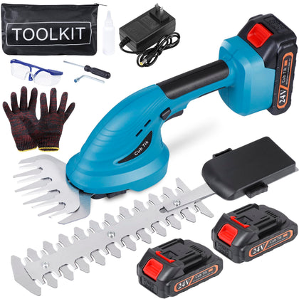 Cub Tik cordless hedge trimmer in blue showing portable pruning capability