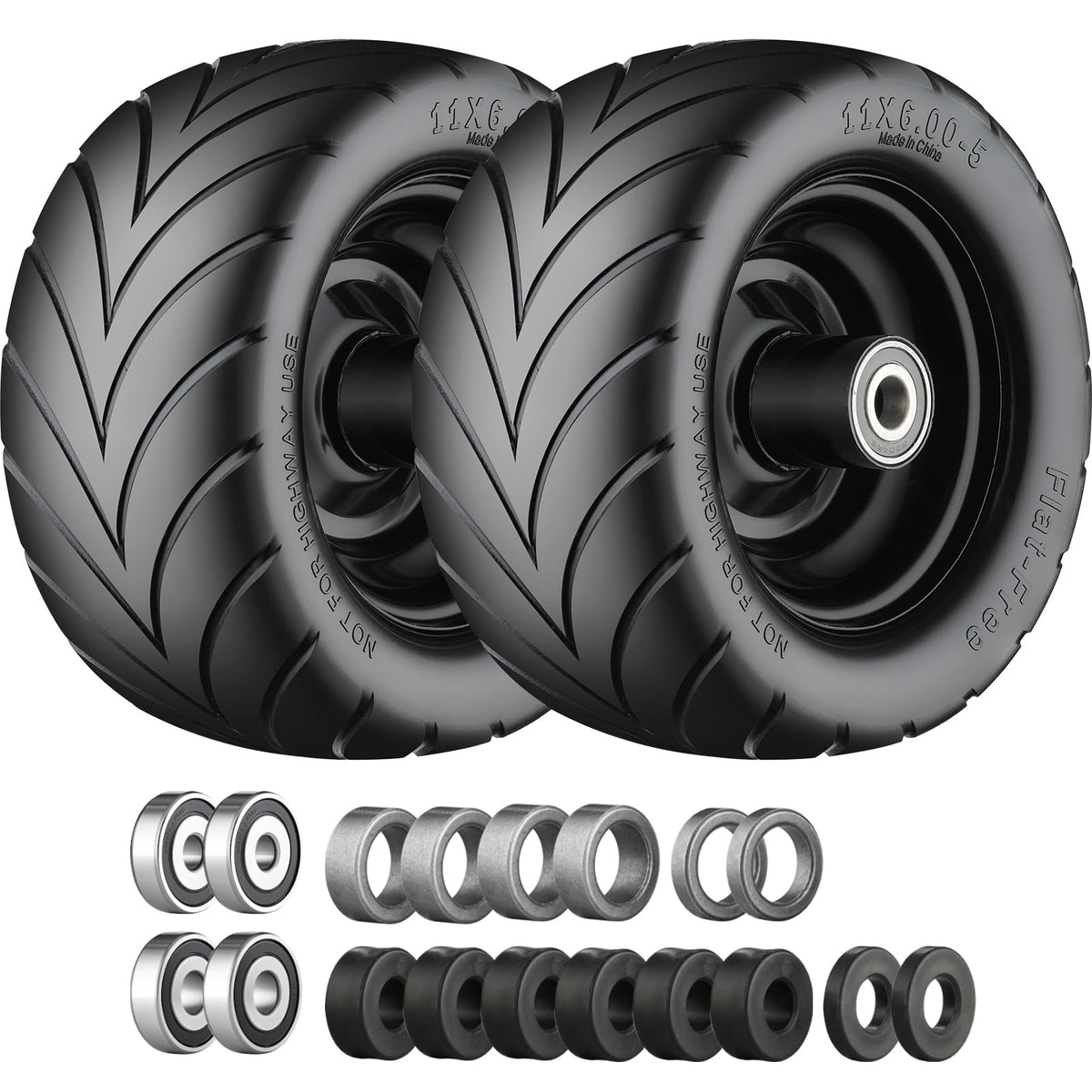 Cubesprings 11x6.00-5 flat-free tire with chevron tread enhances mower grip on uneven lawns.