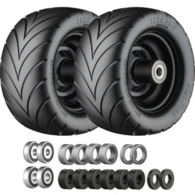Cubesprings 11x6.00-5 flat-free tire with chevron tread enhances mower grip on uneven lawns.