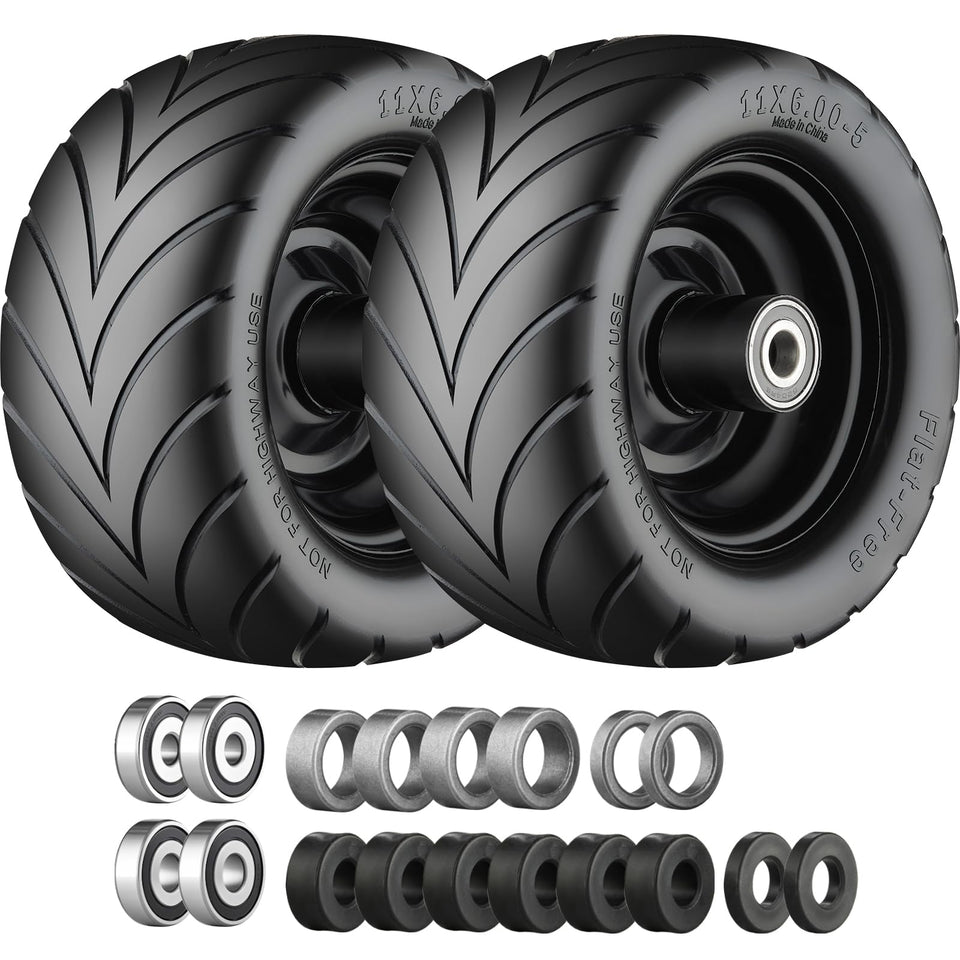 Cubesprings 11x6.00-5 flat-free tire with chevron tread enhances mower grip on uneven lawns.