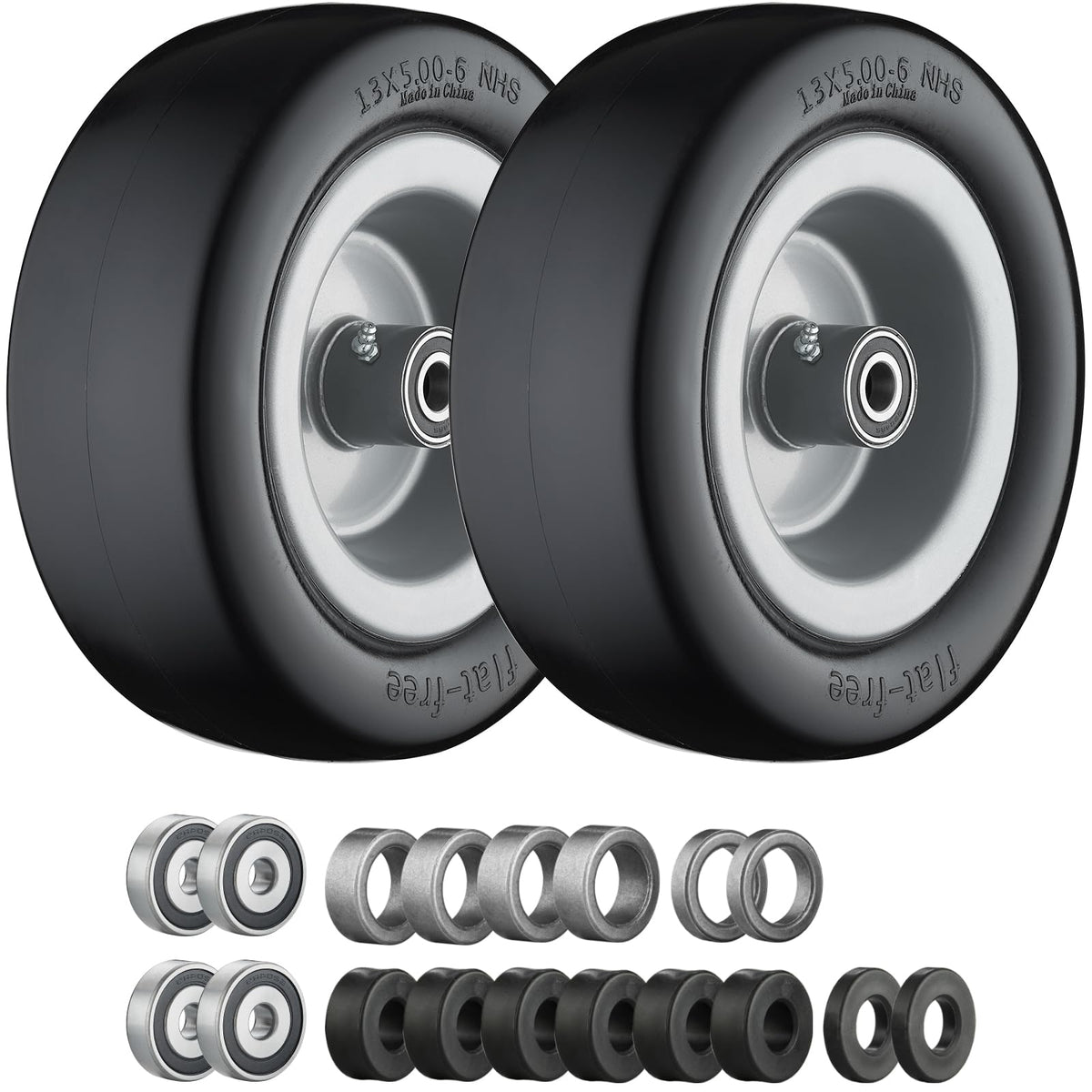 Cubesprings 13x5 front tire with gray rim for zero-turn mowers; flat-free design.