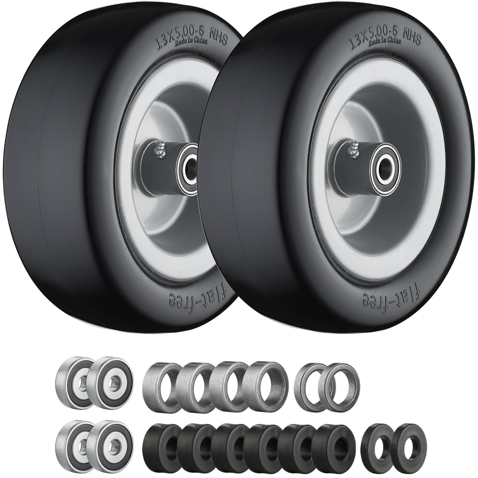 Cubesprings 13x5 front tire with gray rim for zero-turn mowers; flat-free design.
