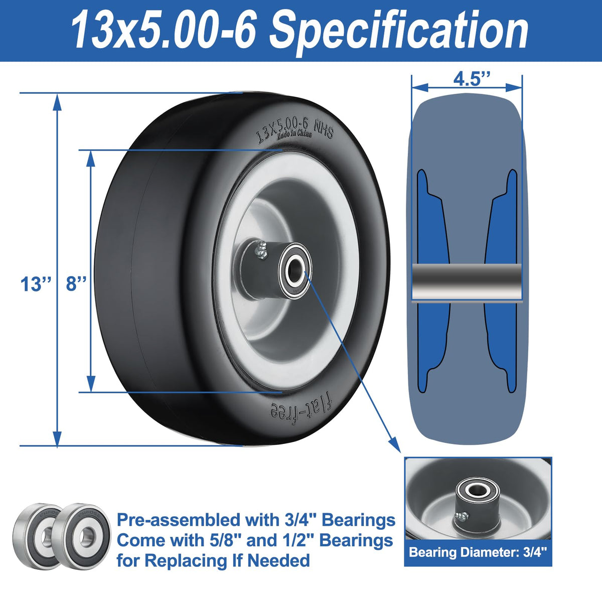Cubesprings flat-free polyurethane tire shown from the side for durability.