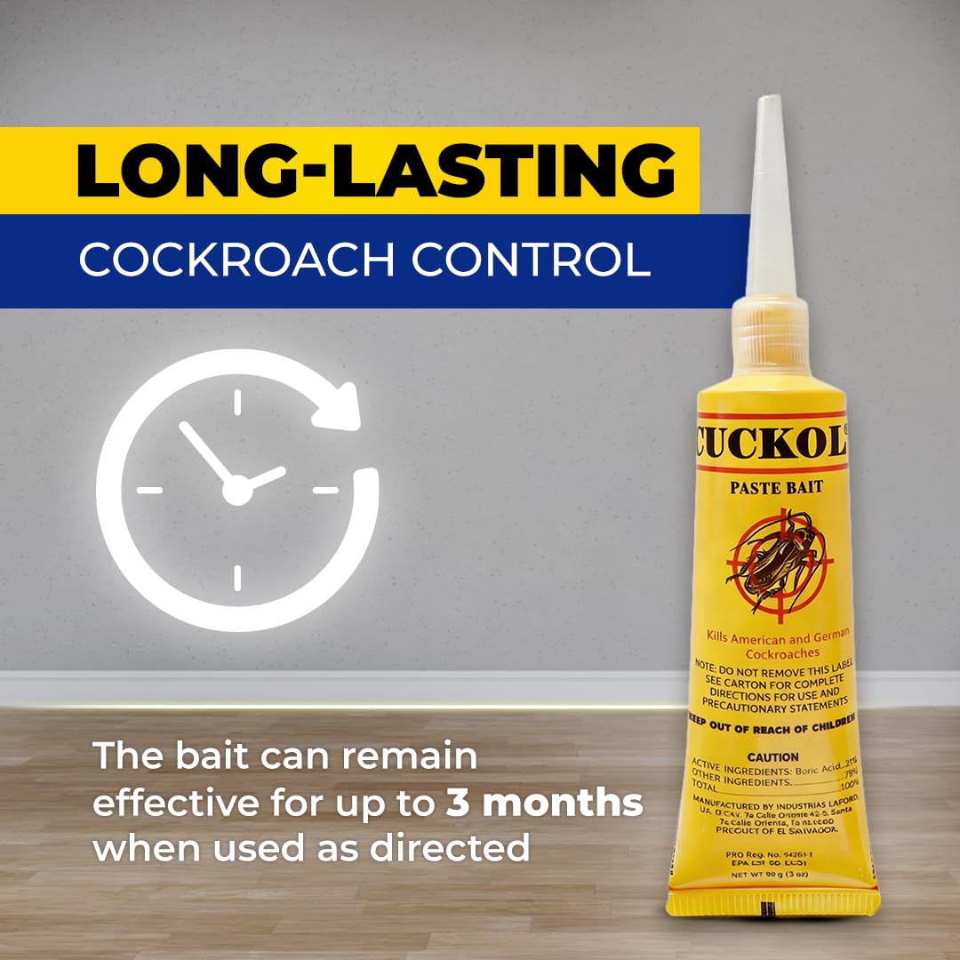 Cuckol indoor-outdoor roach bait suitable for kitchens, garages, and offices.