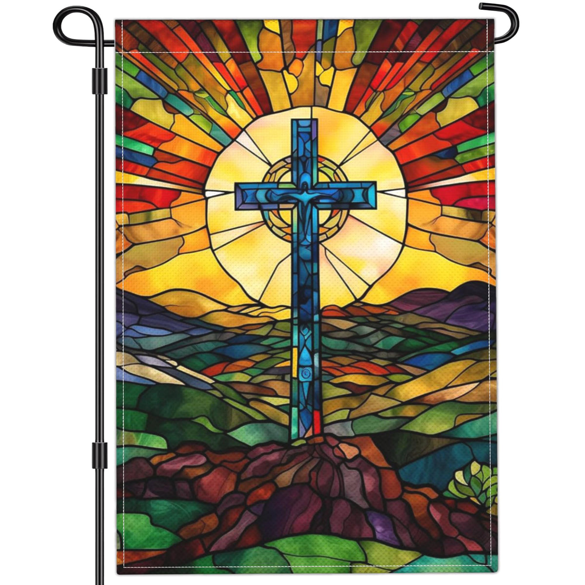 Cuiliqun Jesus Cross garden flag front view, vibrant stained-glass style for outdoor display