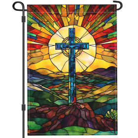 Cuiliqun Jesus Cross garden flag front view, vibrant stained-glass style for outdoor display