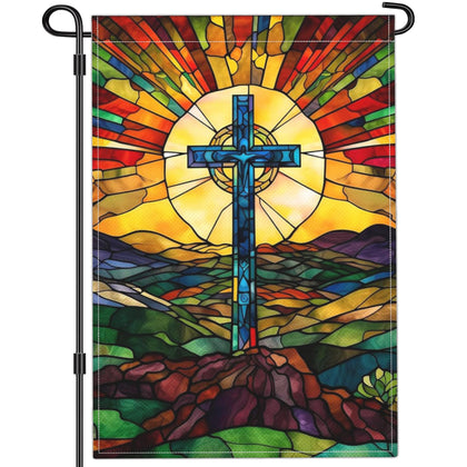 Cuiliqun Jesus Cross garden flag front view, vibrant stained-glass style for outdoor display