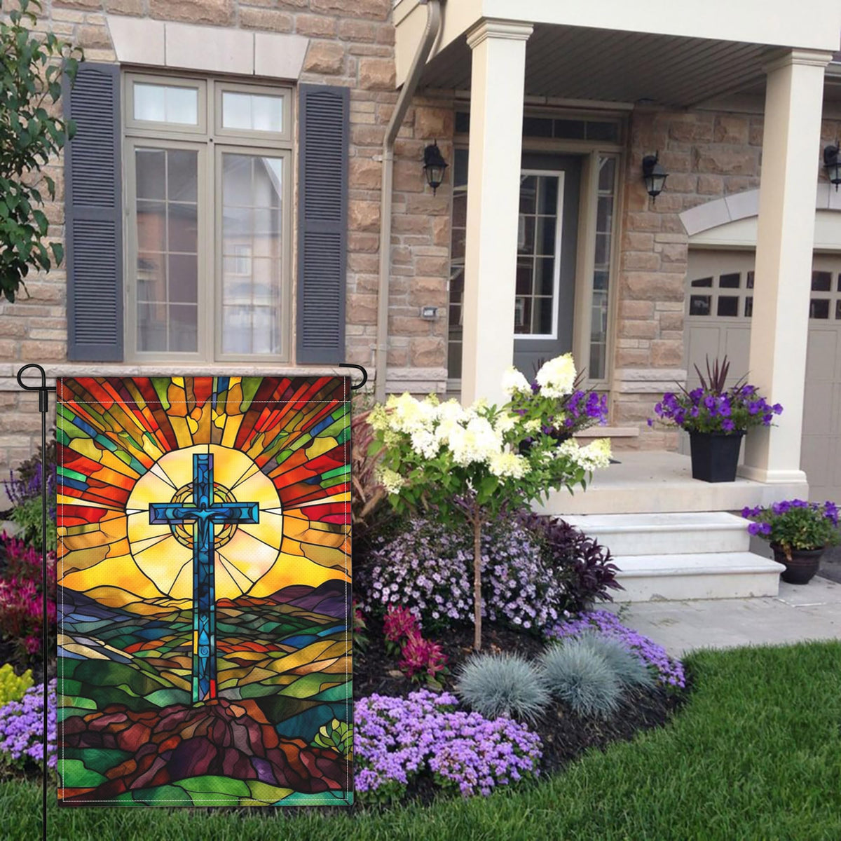 Cuiliqun stained-glass design flag closeup, rich colors on durable polyester