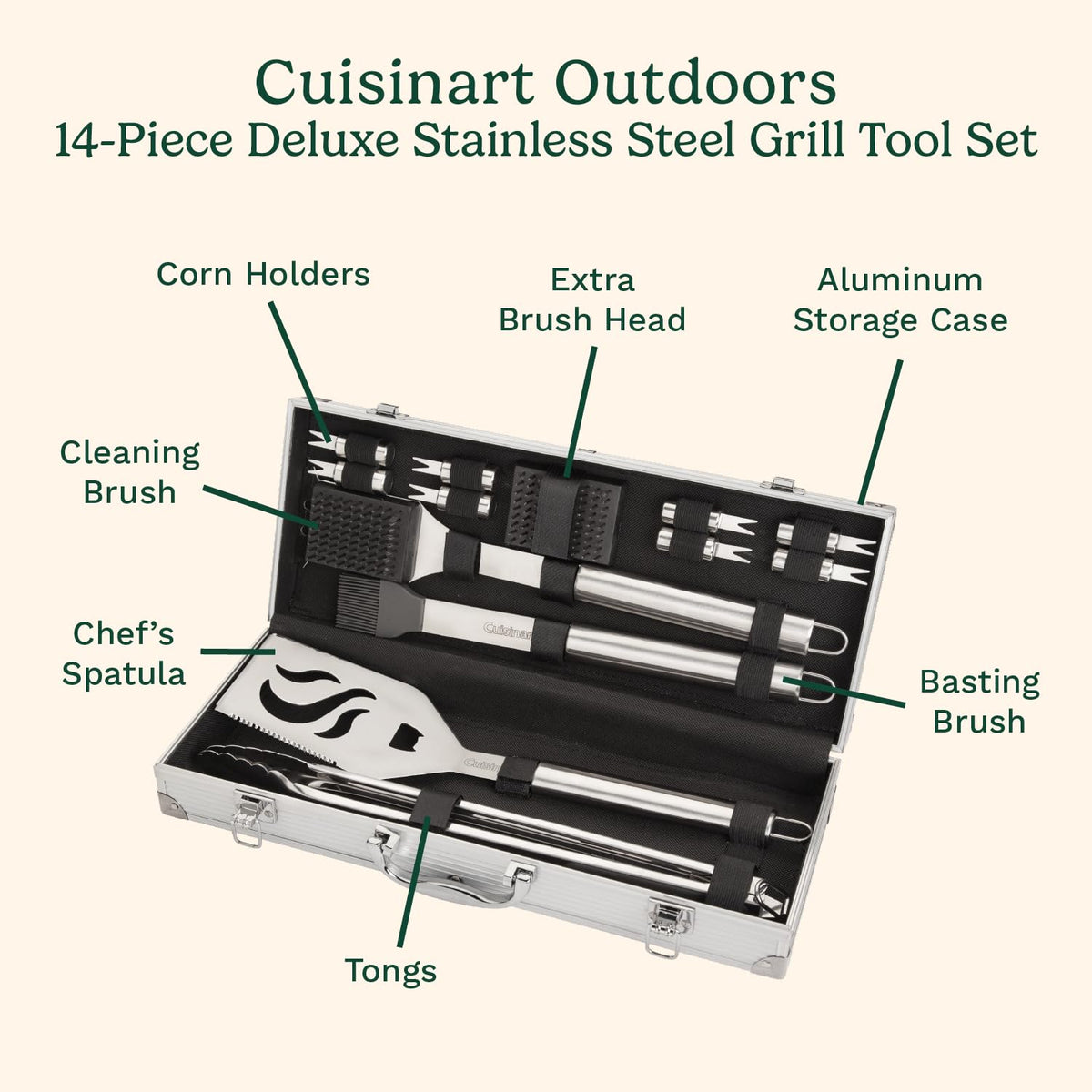 Cuisinart grill brush with extra head for thorough post-meal cleanup.