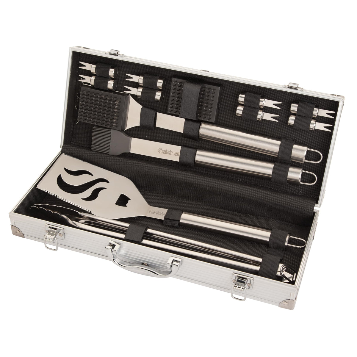 Cuisinart 14-piece deluxe grill set with spatula and tongs for precise flipping and control.