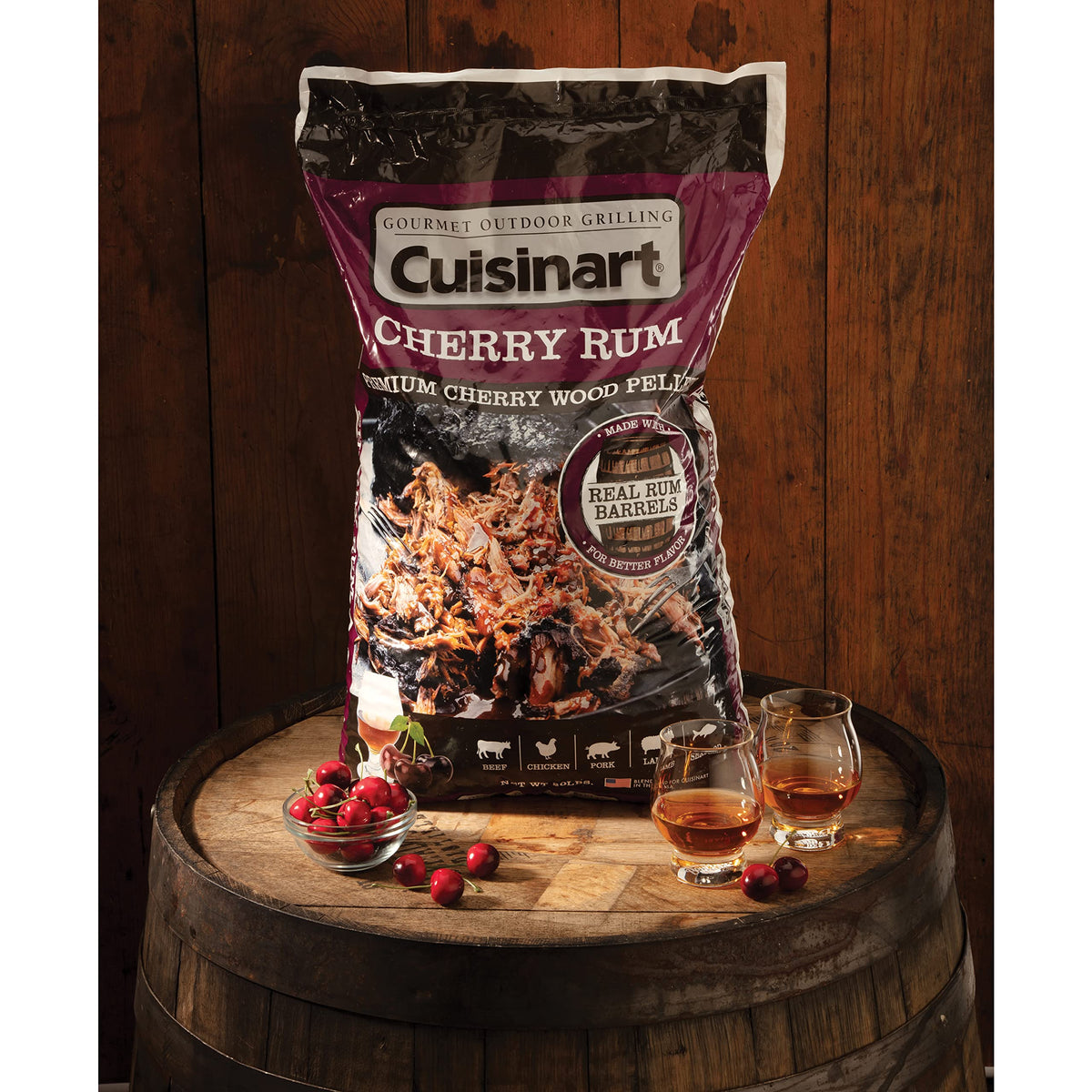 Cuisinart Cherry Rum blend from reclaimed wood offering consistent burn.
