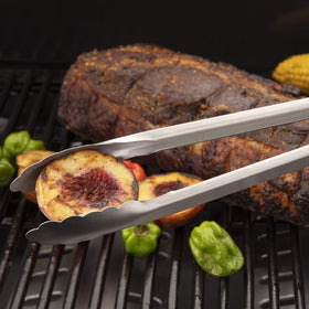 Cuisinart locking grill tongs with hanging loop for easy storage after grilling.
