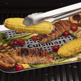 Cuisinart locking grill tongs with silicone grips and embossed logo for secure handling.