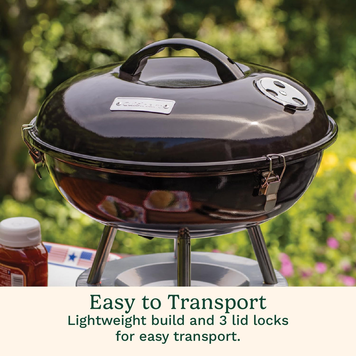 Cuisinart grill locking lid featuring three locks for secure transport