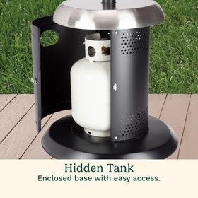 Cuisinart patio heater drink table adds convenient surface during gatherings.