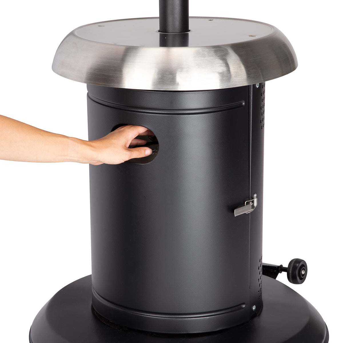 Cuisinart outdoor heater in action near seating and dining area.