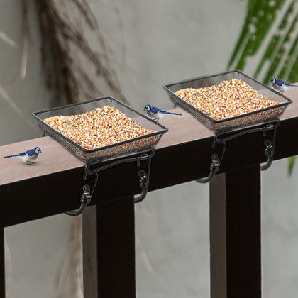 Cunhill deck railing bird feeder tray on a balcony attracts wild birds with a compact 7x7 design
