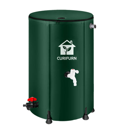 Curifurn 100 gallon rain barrel folded for compact storage near the garden.