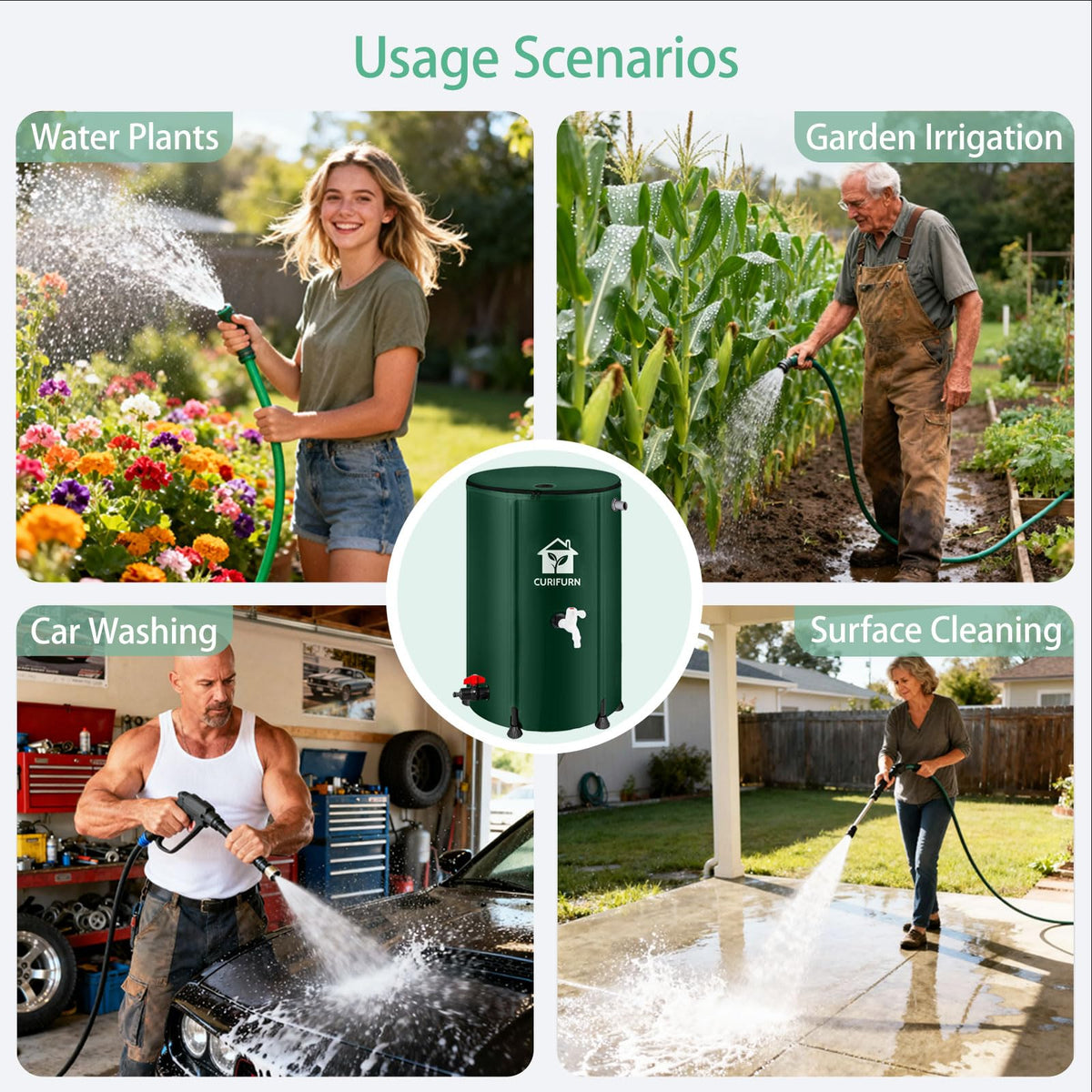 Curifurn rain barrel in use for garden plant watering.