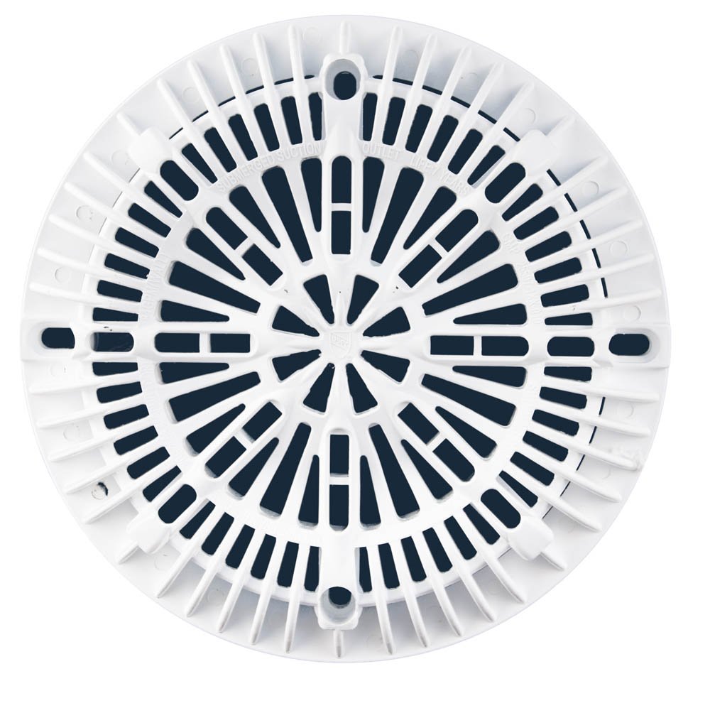 Custom Molded Products CMP 25507-100-000 8-inch Galaxy drain cover in white for safe pool drainage.