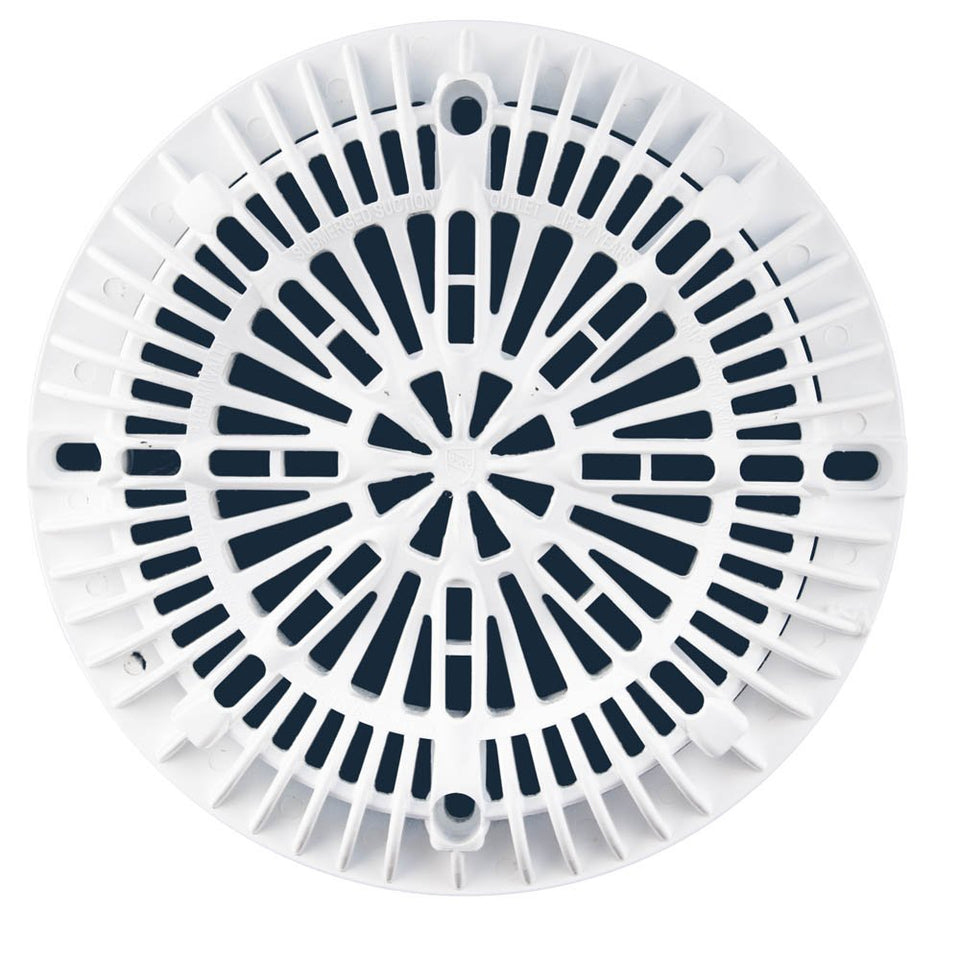 Custom Molded Products CMP 25507-100-000 8-inch Galaxy drain cover in white for safe pool drainage.
