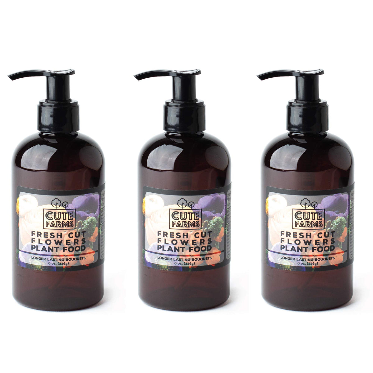 Cute Farms Fresh Cut Flower Food bottle pump enables precise dosing to keep blooms fresh longer.