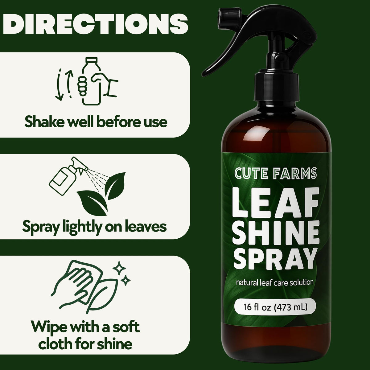 Cute Farms Leaf Shine on indoor plants enhances vitality with a glossy finish.