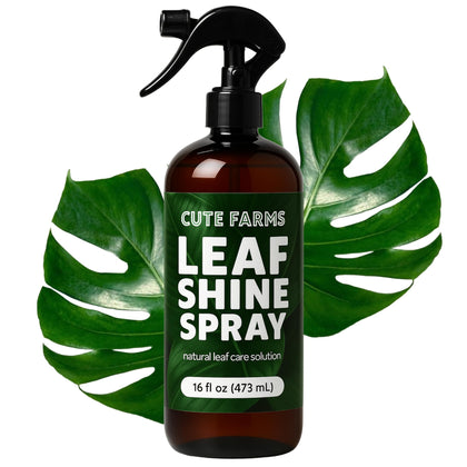 Cute Farms Leaf Shine Spray bottle close-up showcasing neem oil formula for glossy leaves.