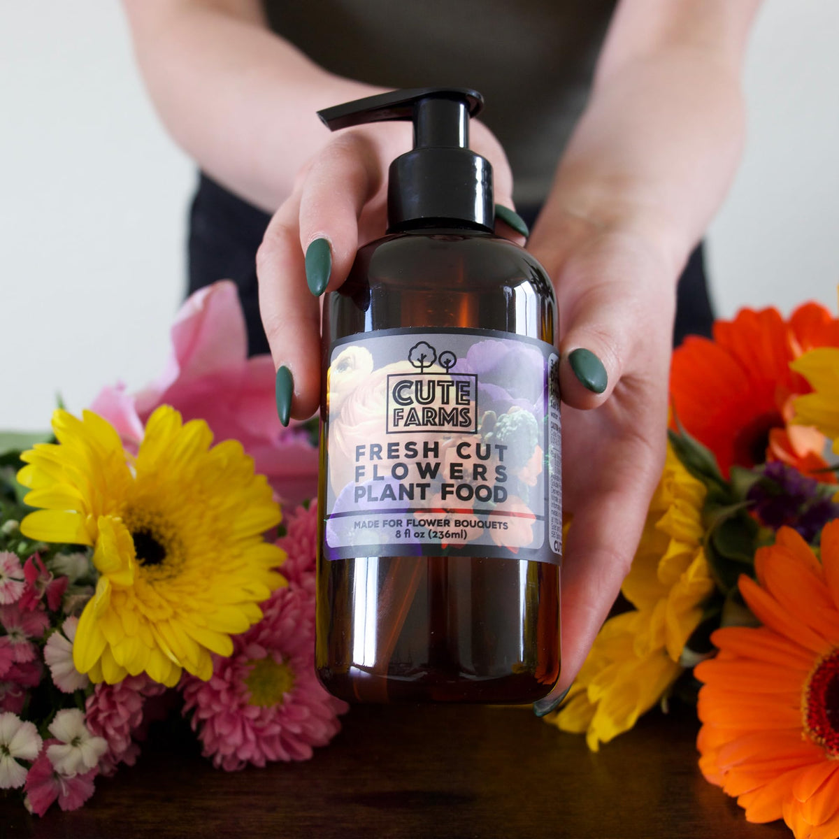 Cute Farms three-8-oz-bottles ready to use for easy vase care.