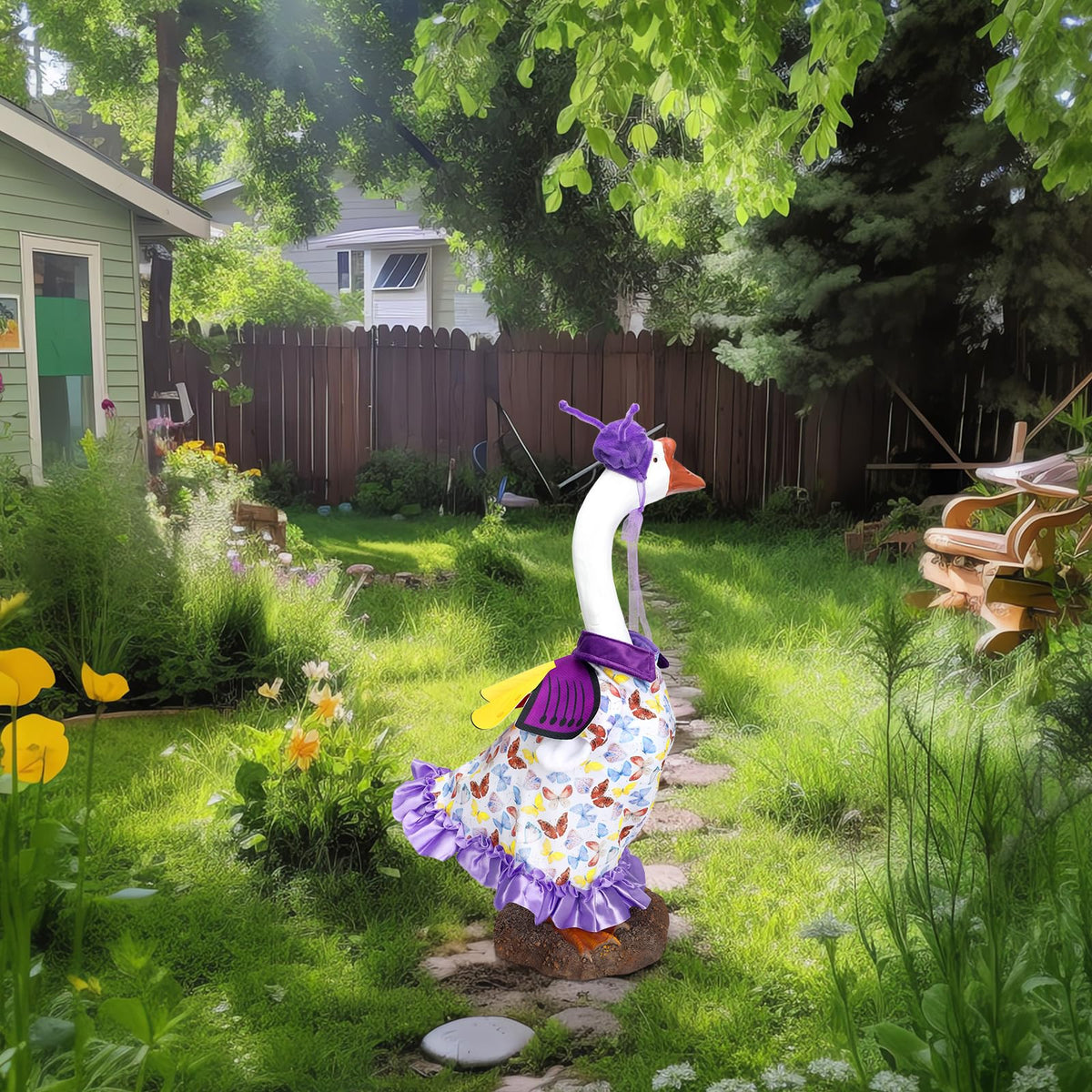 Cutecrop butterfly goose outfit, back view, brightens garden focal point