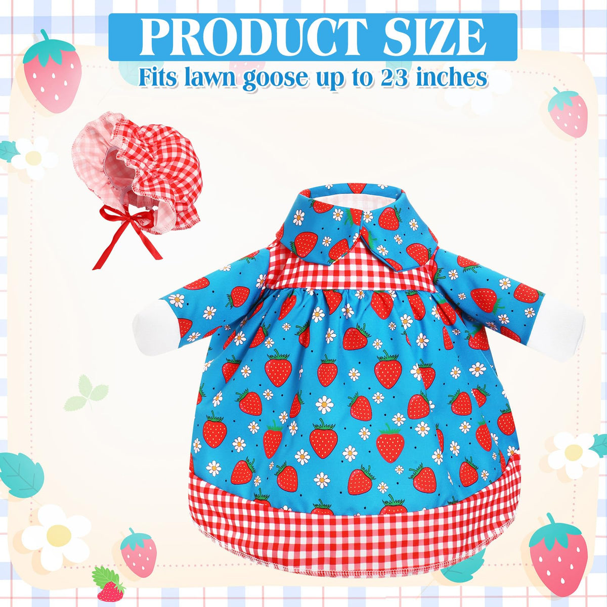 Cutecrop strawberry goose outfit hat on statue adds rustic charm to garden scenes.