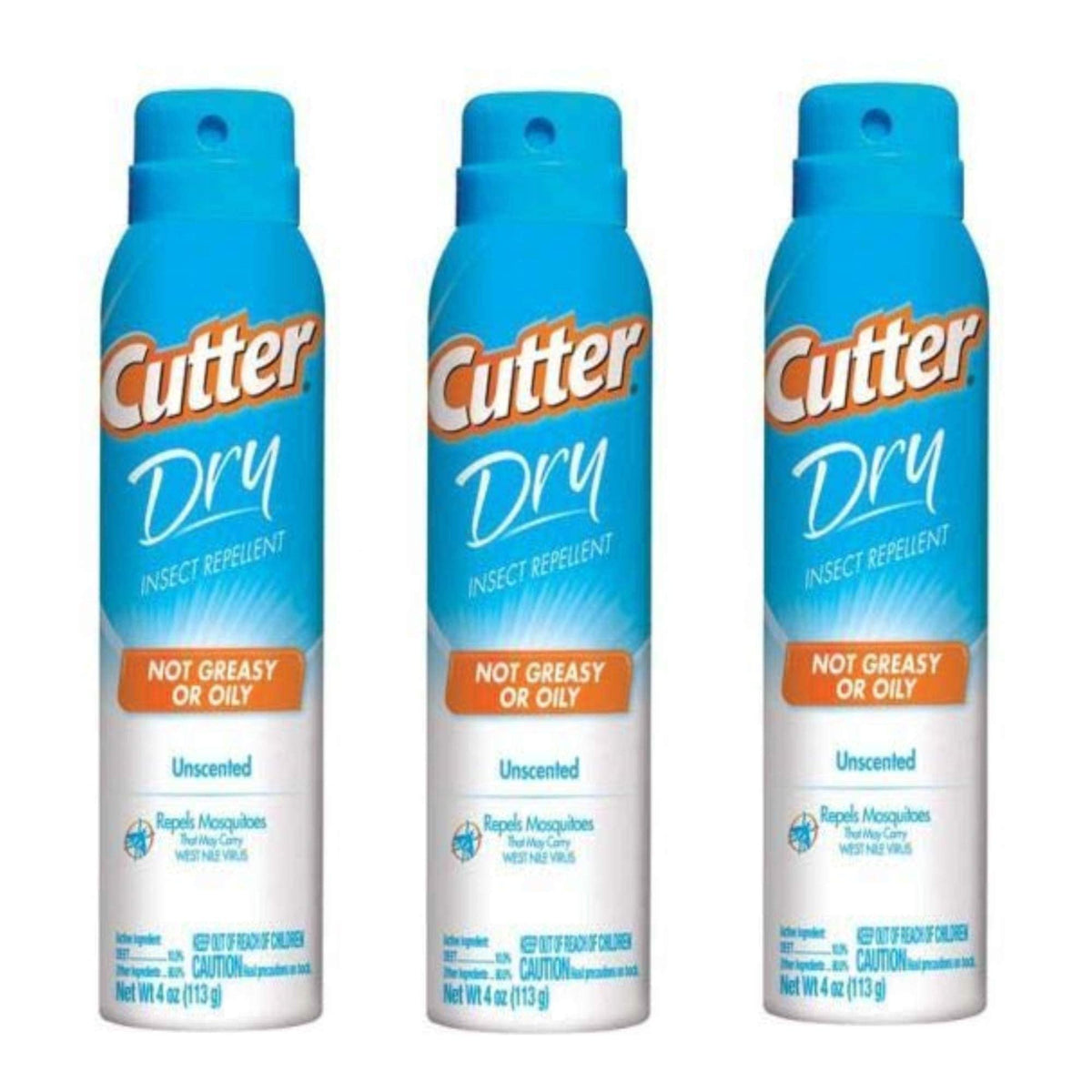 Cutter Dry Insect Repellent pack of 3 bottles protects against mosquitoes and ticks.