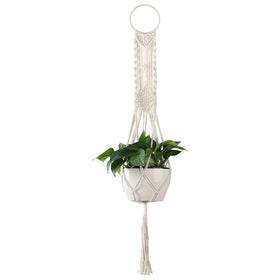 Cuttte Macrame Plant Hanger front view in cream for indoor plant display.
