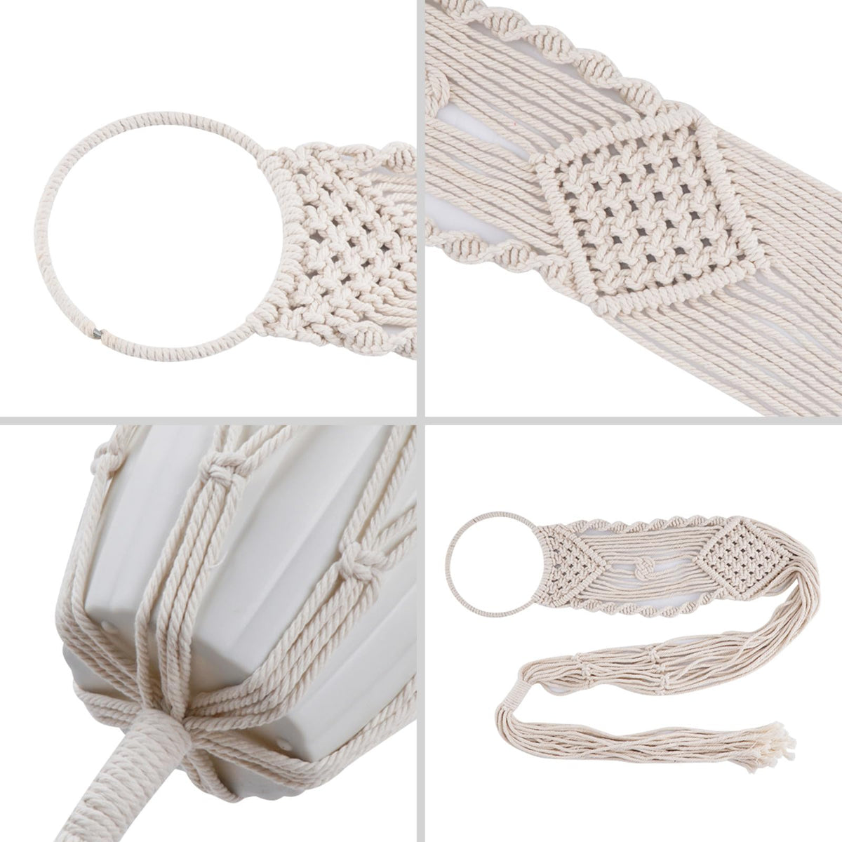 Cuttte Macrame Plant Hanger outdoors on balcony in cream.