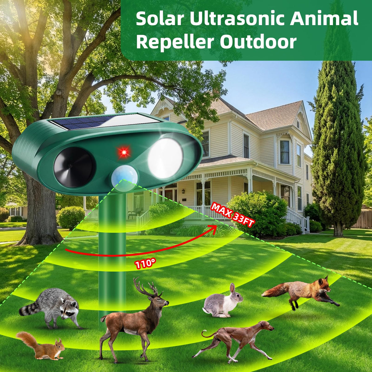 CXIENAOY 30-foot range deterrent protects garden beds and borders effectively