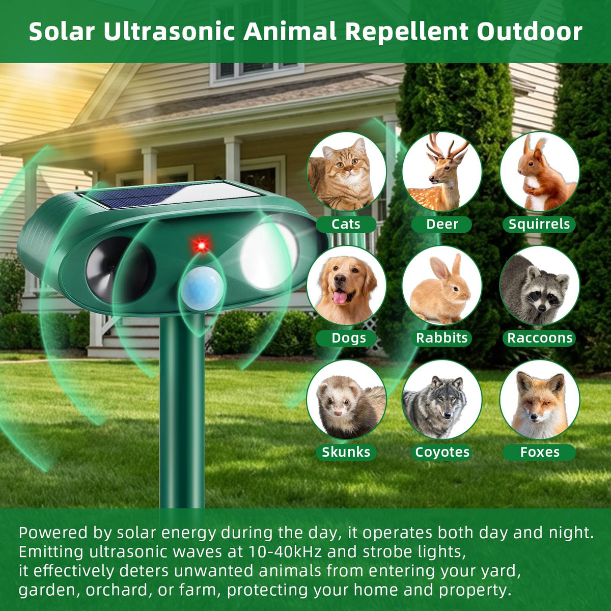CXIENAOY motion-sensor deterrent ultrasonic in action deters wildlife humanely