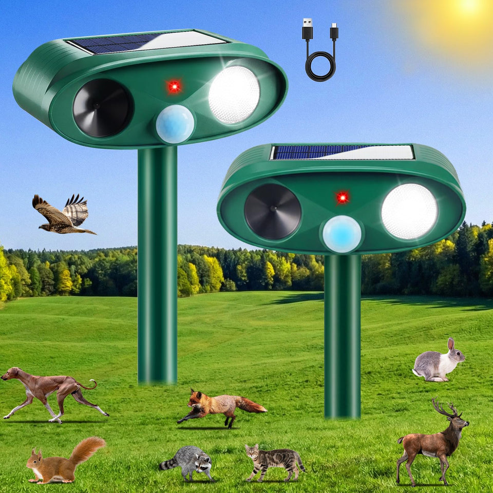 CXIENAOY solar ultrasonic animal repellent in outdoor setting deters pests without chemicals