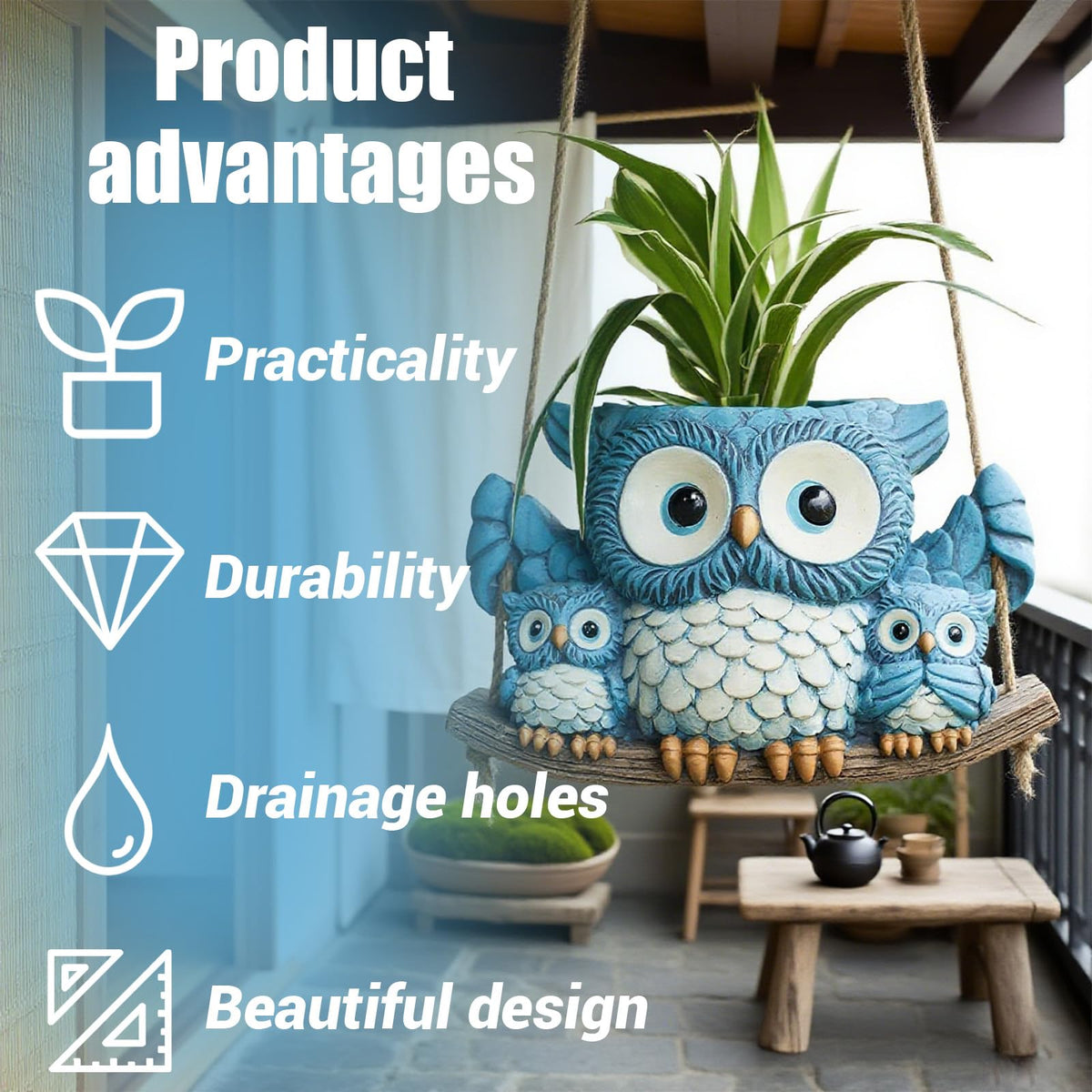 Cxomnndiw blue owl planter designed for small plants like cacti