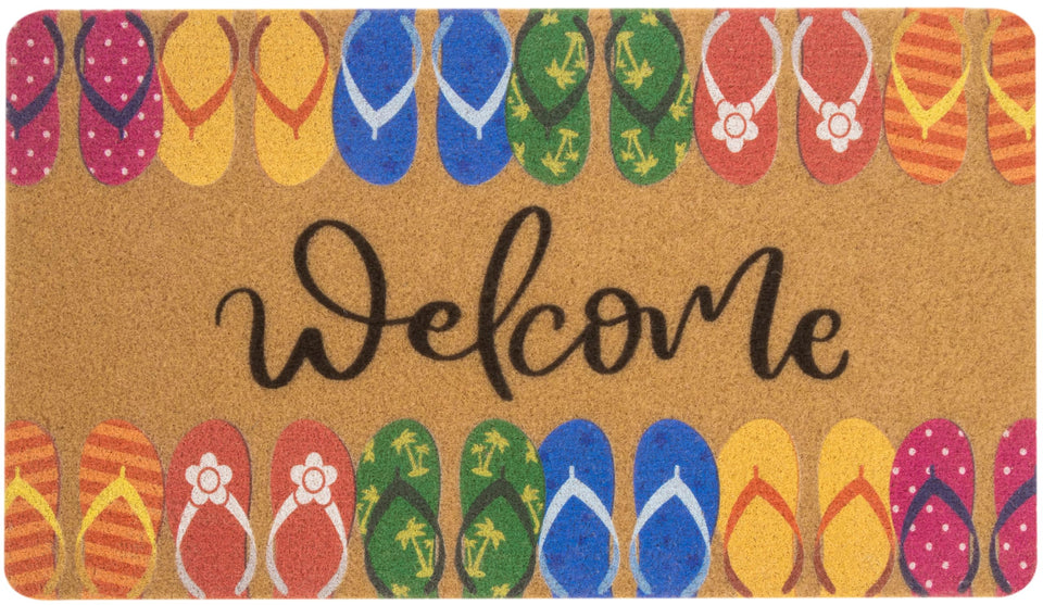 CXQRR welcome mat with hello summer flip-flops traps dirt at the doorstep