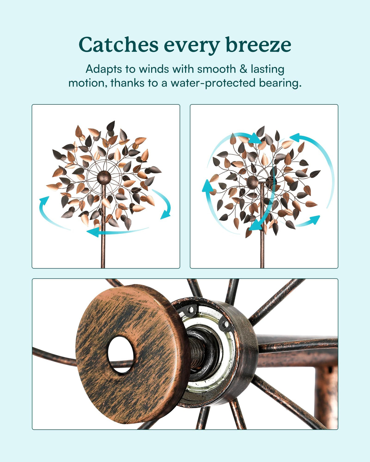 Cyan Oasis copper leaves wind spinner angled view adds visual drama to entrances.