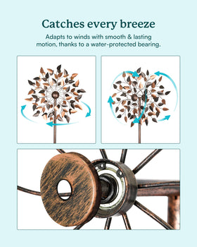 Cyan Oasis copper leaves wind spinner angled view adds visual drama to entrances.