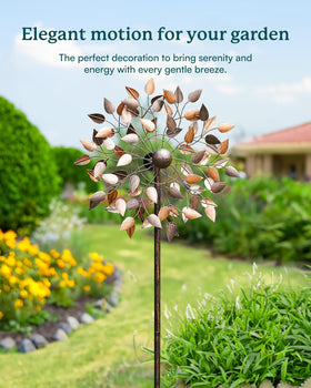 Cyan Oasis copper leaves wind spinner side view showcases dynamic movement near pathways.