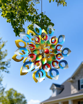 Cyan Oasis 24-by-84-inch wind spinner creates a striking yard focal point.
