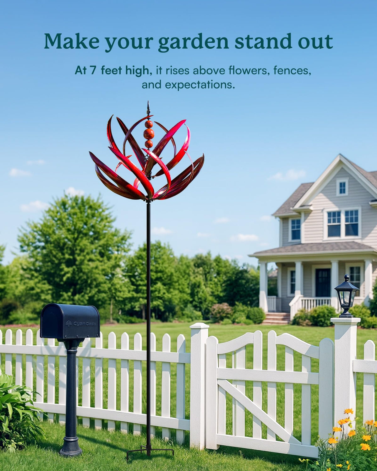 Cyan Oasis 91in extra-large wind spinner setup demonstrates easy installation and dramatic height