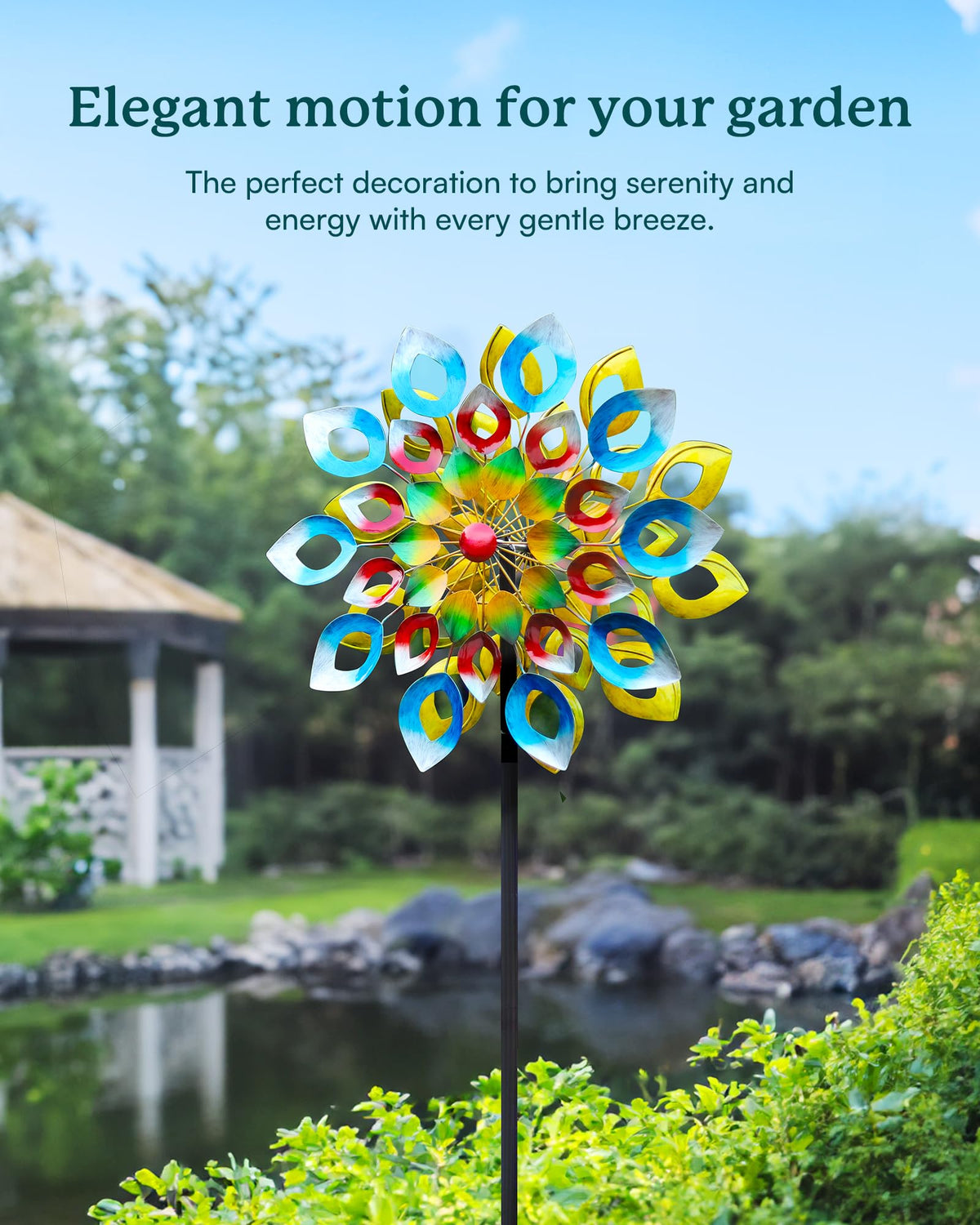 Cyan Oasis large outdoor wind spinner assembly ready for quick setup.
