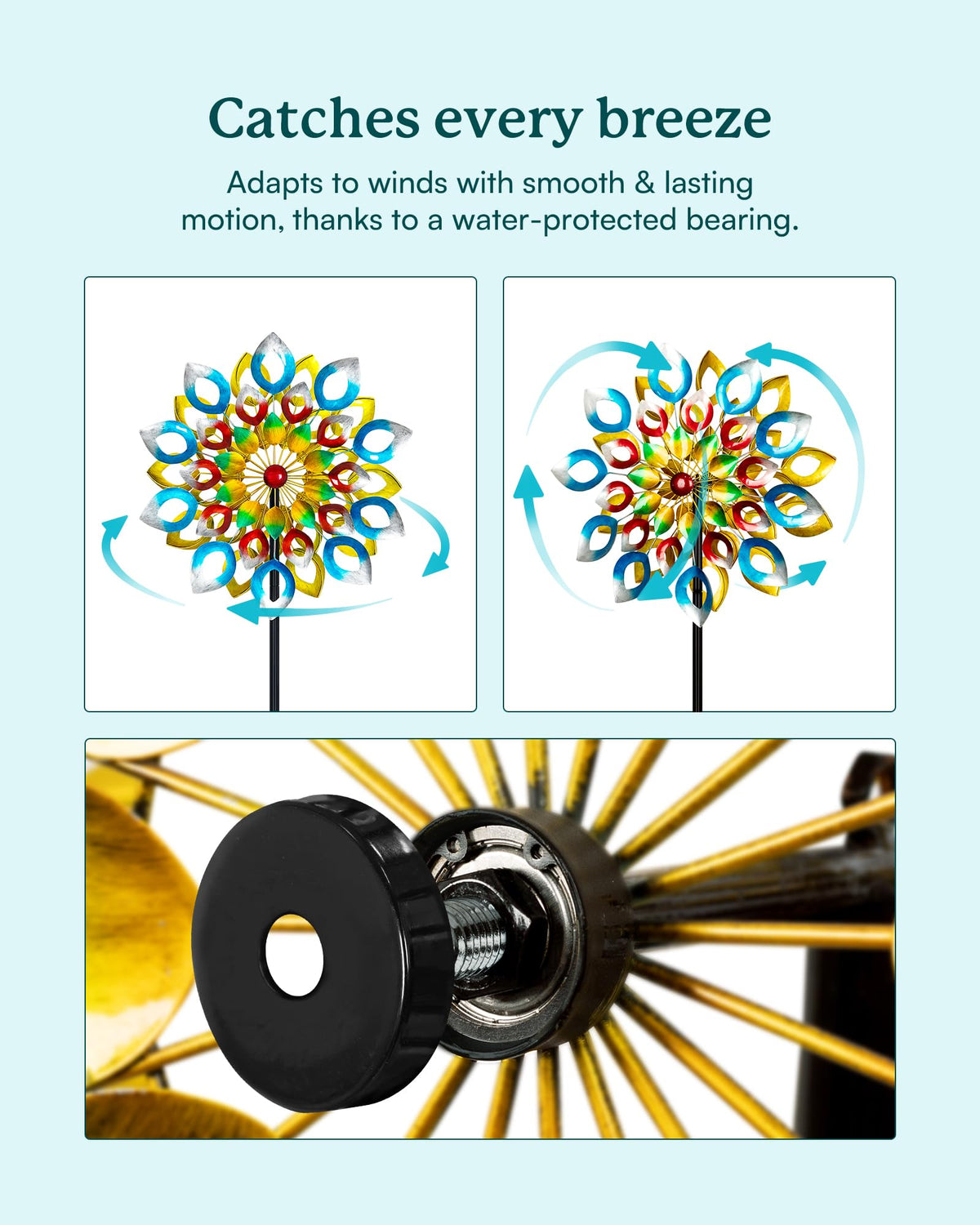 Cyan Oasis leaf design wind spinner with multicolor finish for vibrant landscapes.